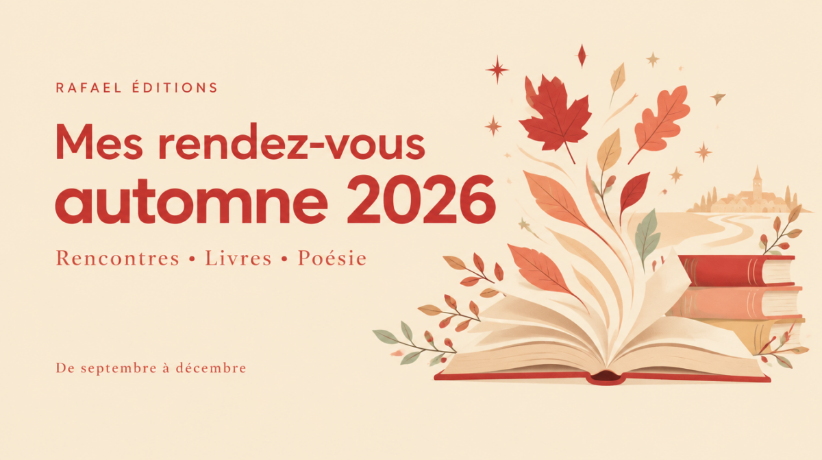 Mes rendez-vous – automne 2026 : rencontres, livres et poésie avec Rafael Éditions, de septembre à décembre. Livres illustrés et feuilles d’automne.